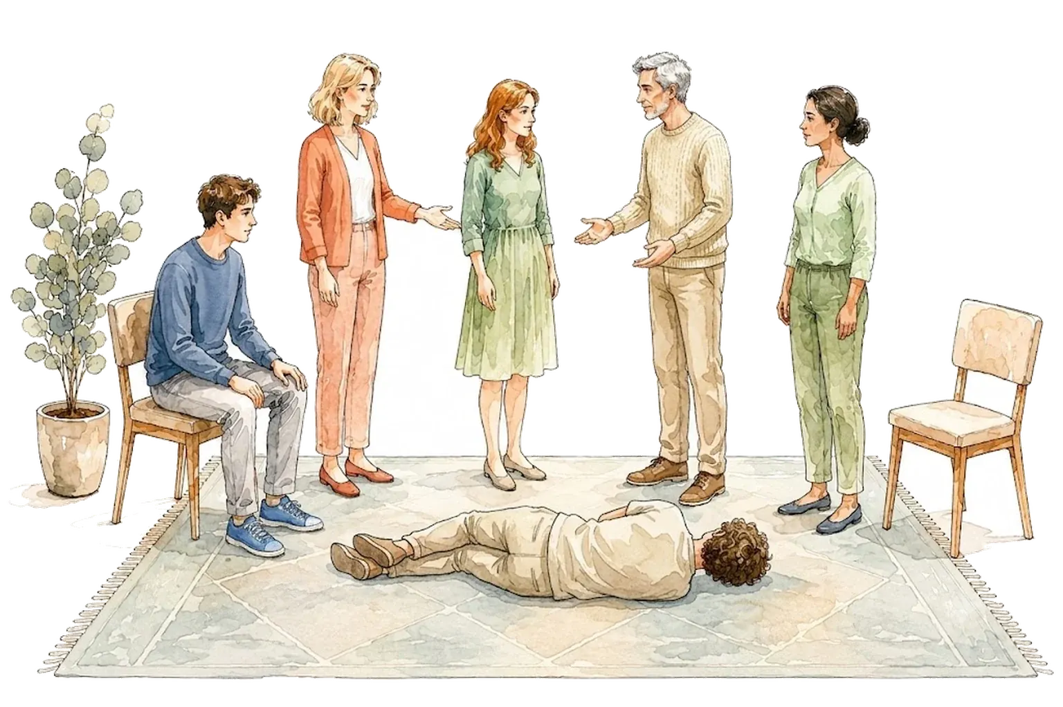 Una constelación en curso, con un cliente, un facilitador y representantes colocados por la sala