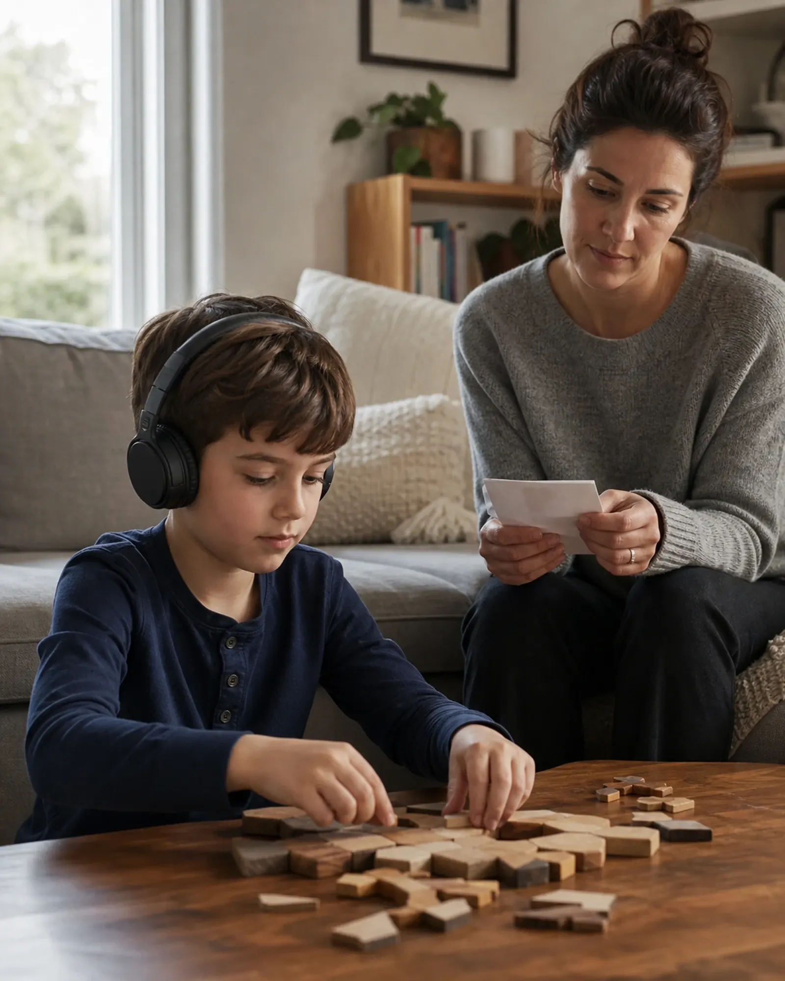 Un padre o una madre ayudando a un niño a calmarse con unos auriculares de diadema cómodos
