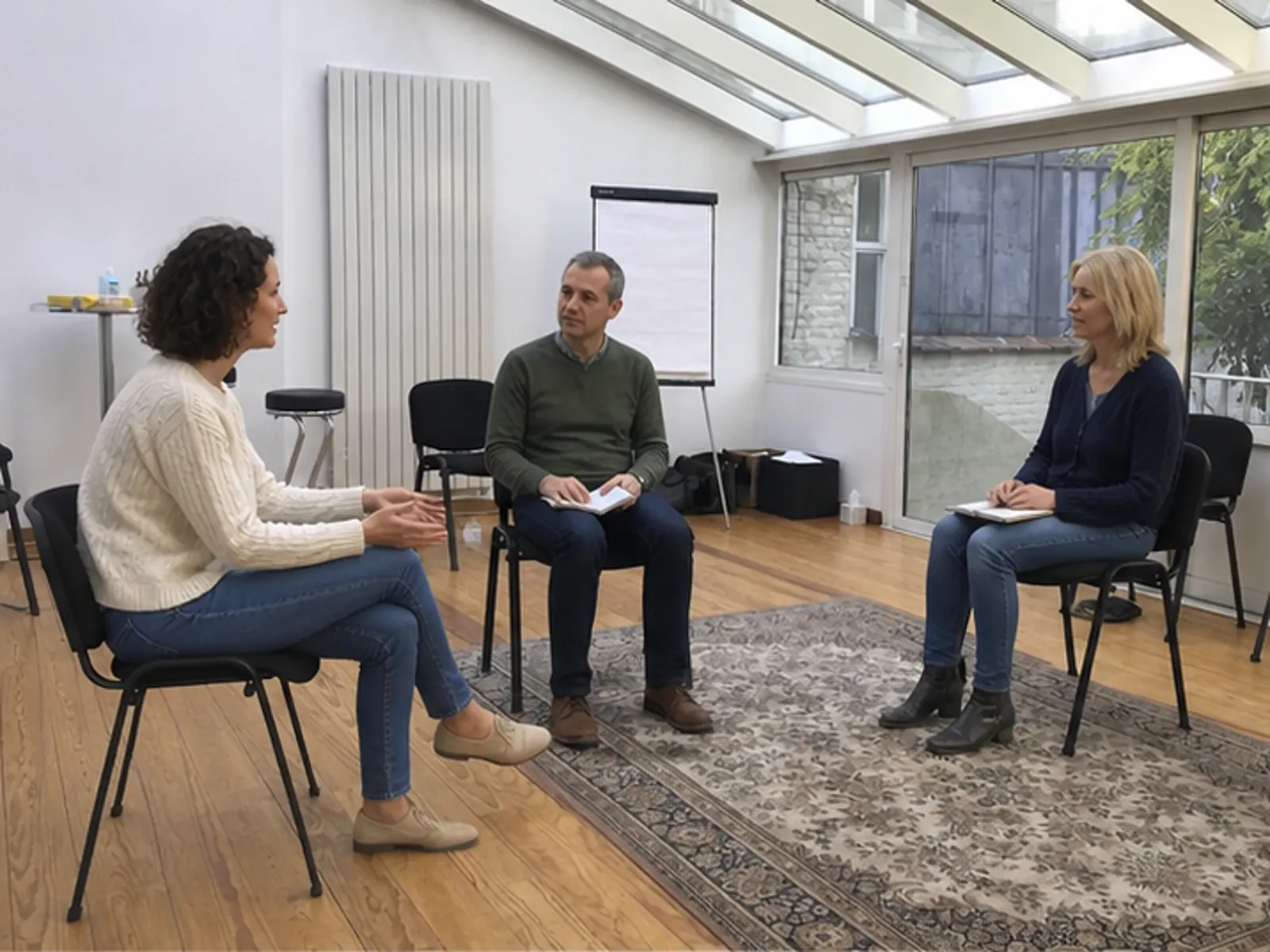 Twee volwassenen die een rustig gesprek beginnen in de opstellingsruimte