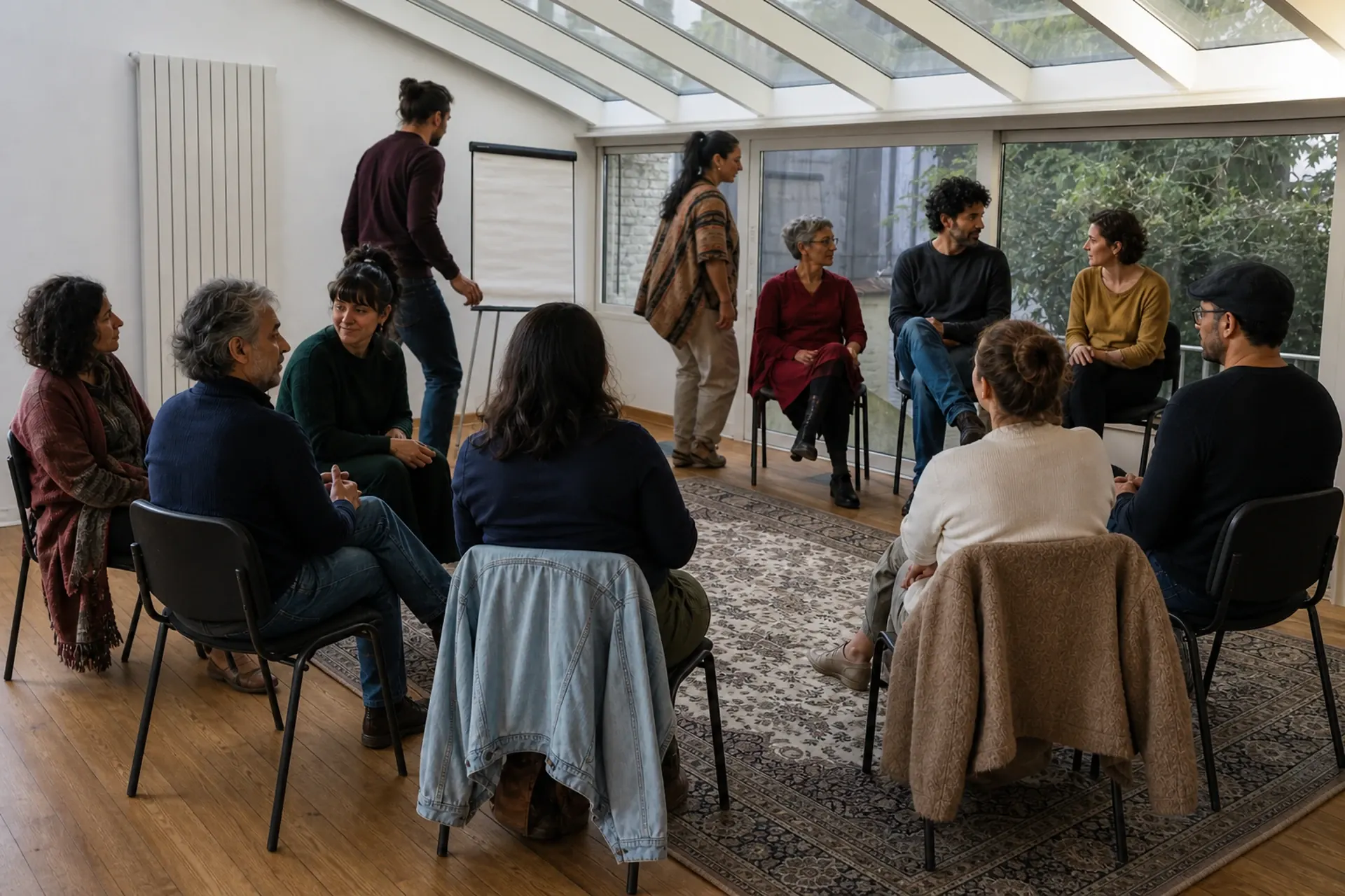Un círculo de taller: participantes de distintas edades y procedencias tomando asiento